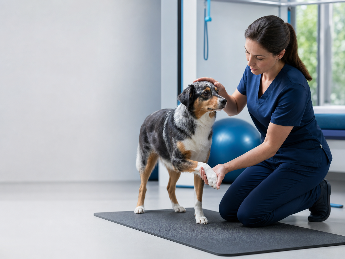 Veterinária realizando avaliação neurológica em cão