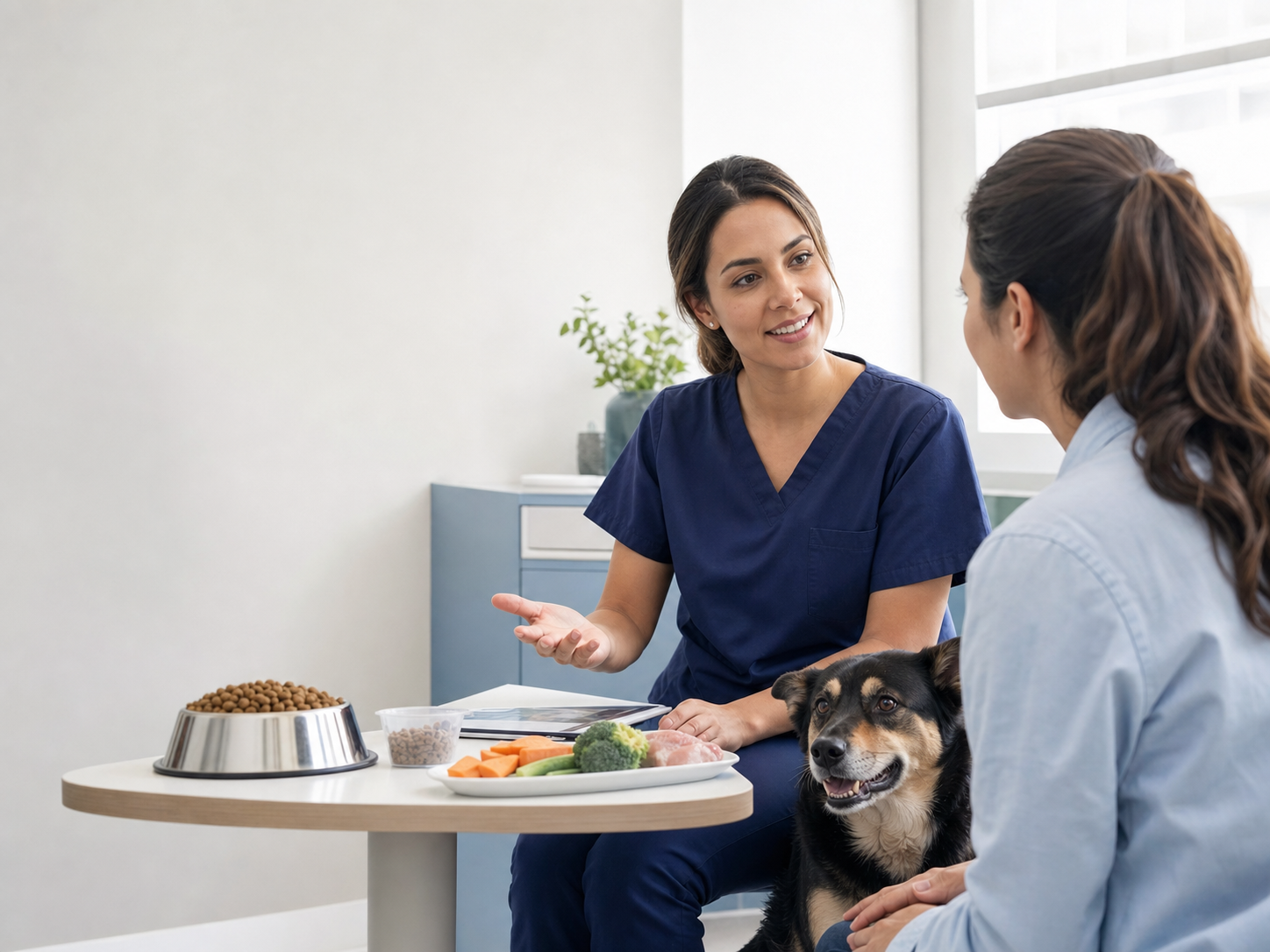 Veterinária orientando tutora sobre alimentação de cão em consulta nutricional
