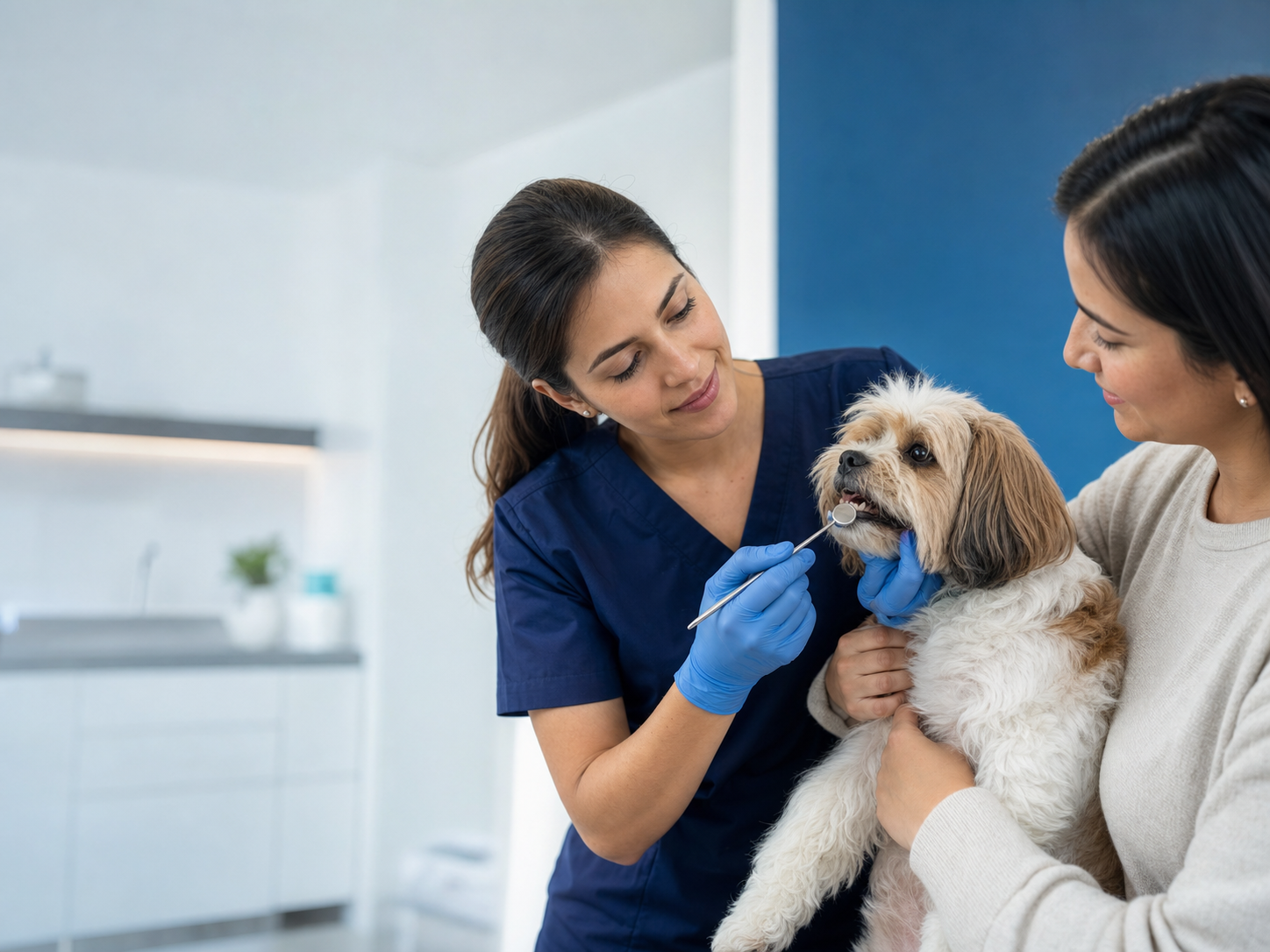Avaliação odontológica veterinária de cachorro em ambiente clínico