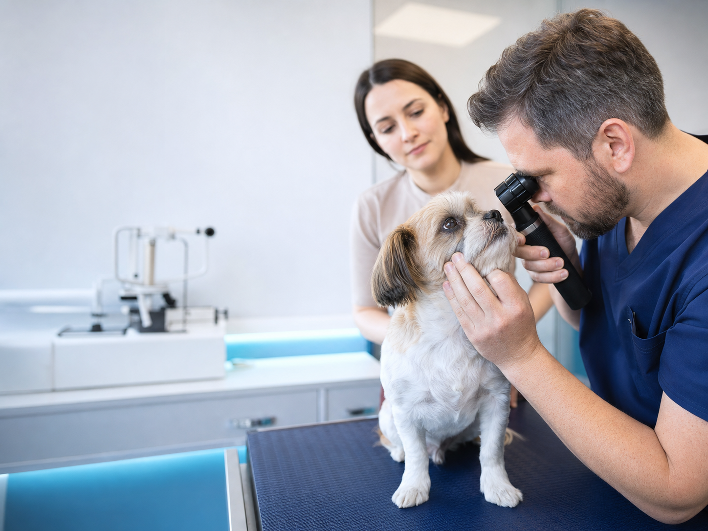 Veterinária realizando exame oftalmológico em cão