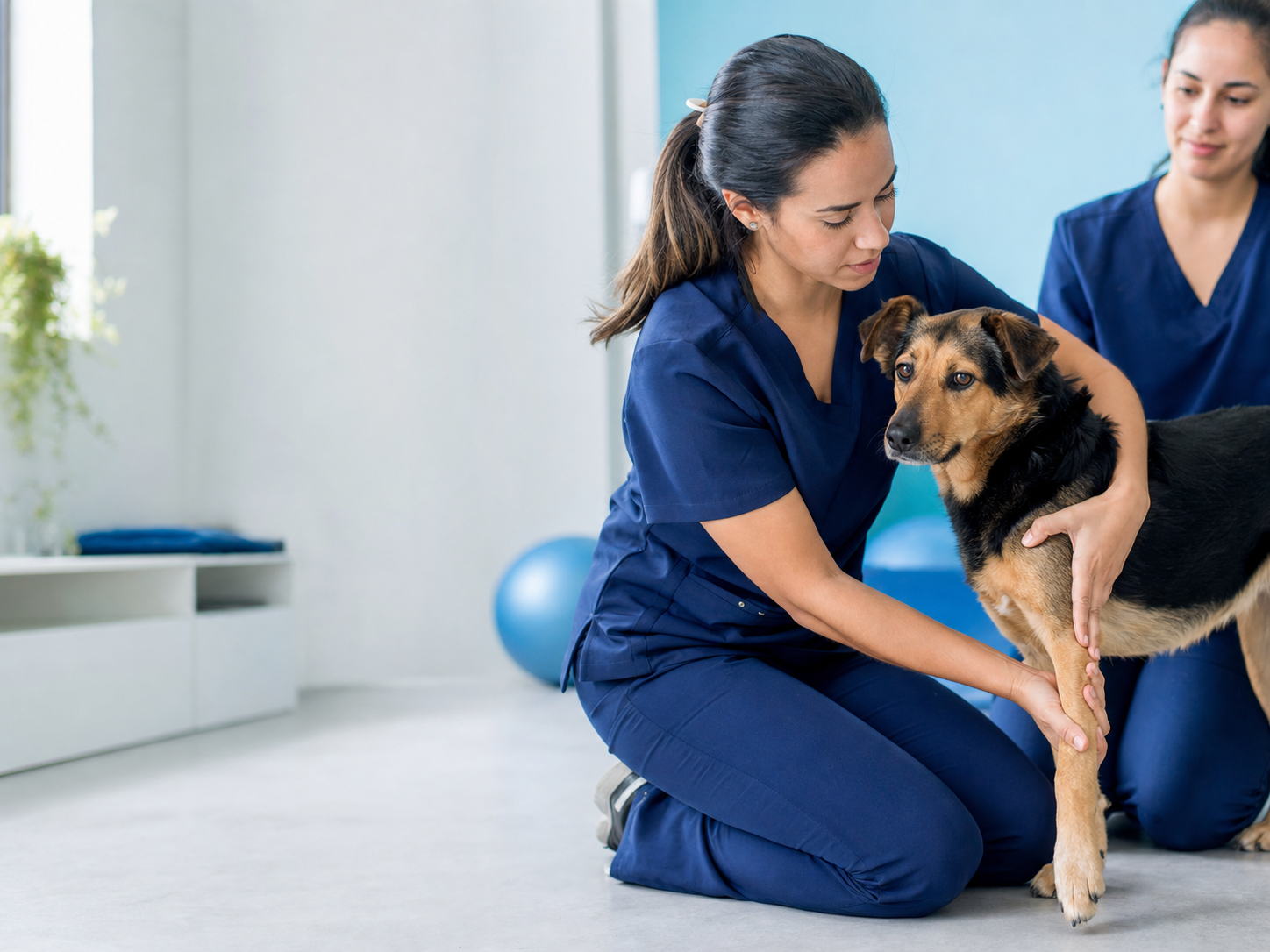 Veterinário avaliando a articulação de cão em consulta ortopédica
