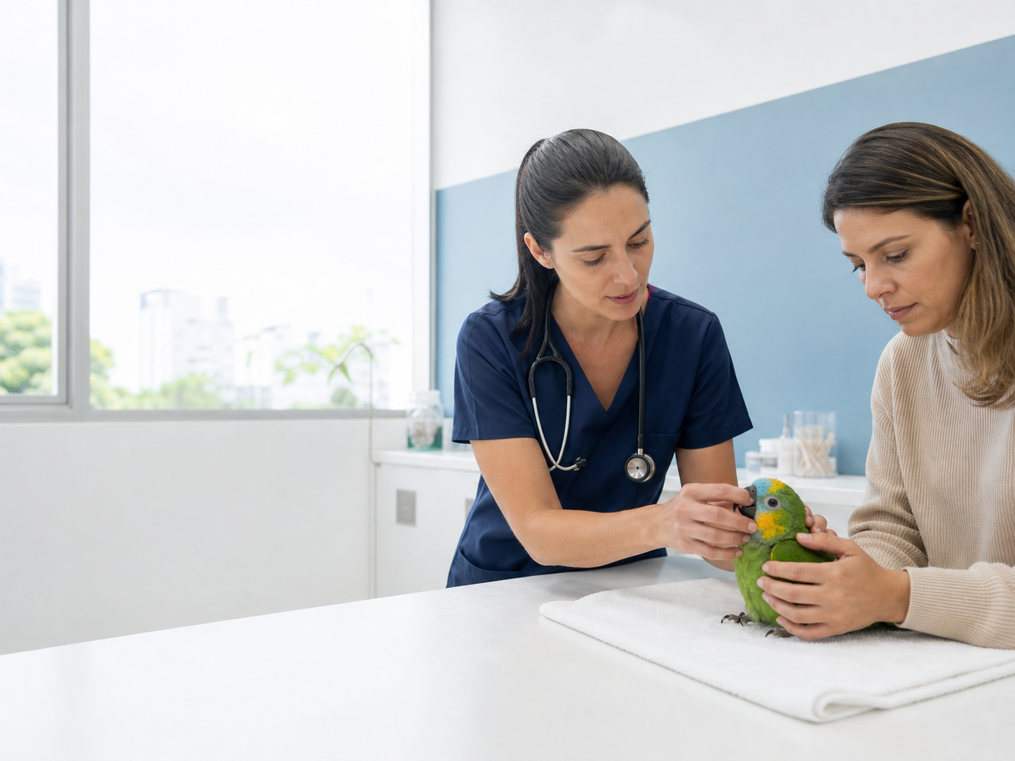 Veterinária examinando ave com tutora em consulta especializada
