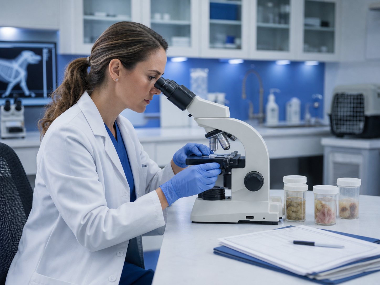 Citologia, patologia e microbiologia veterinária em microscópio
