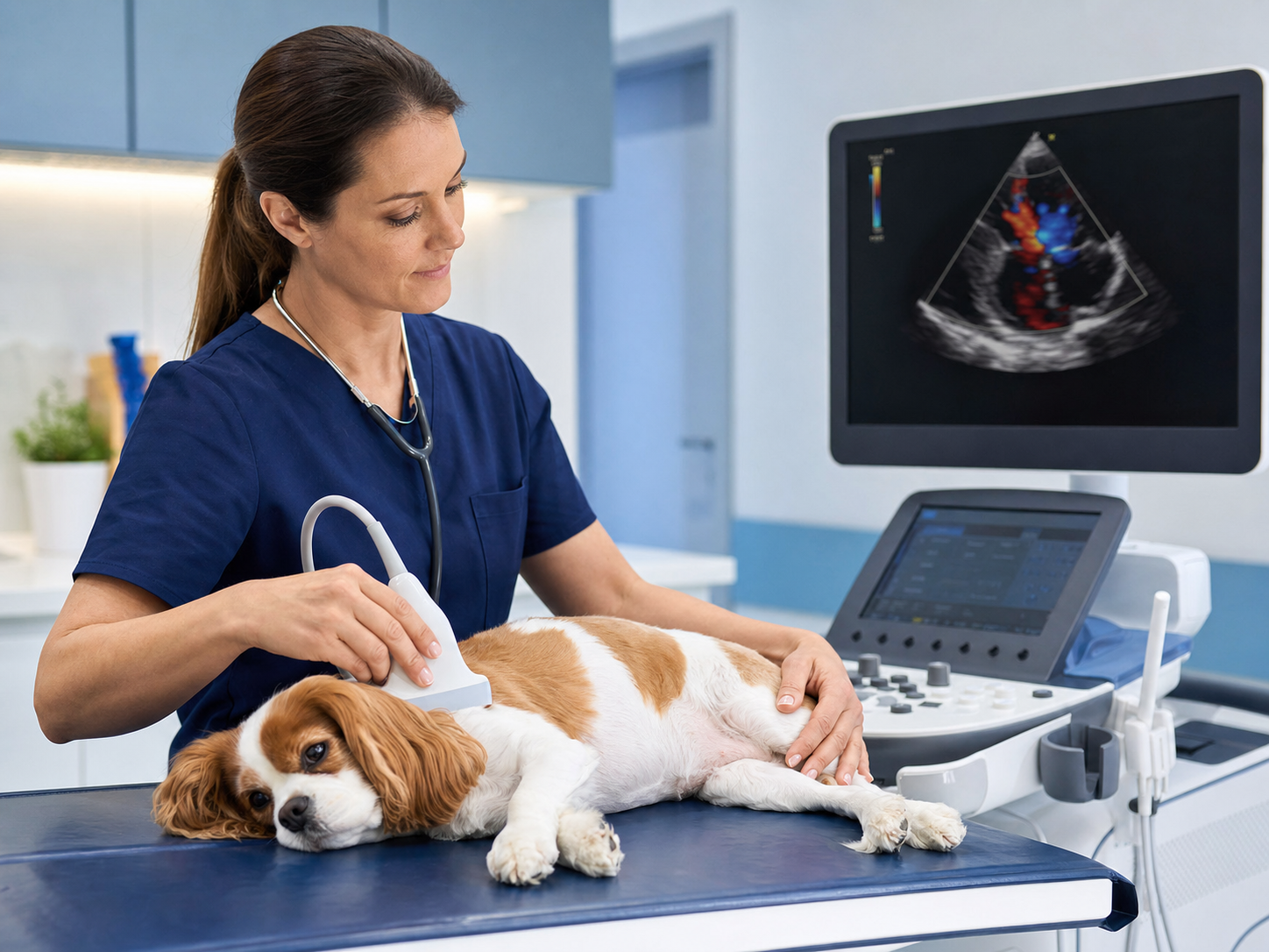 Veterinária realizando ecocardiograma com Doppler em cão