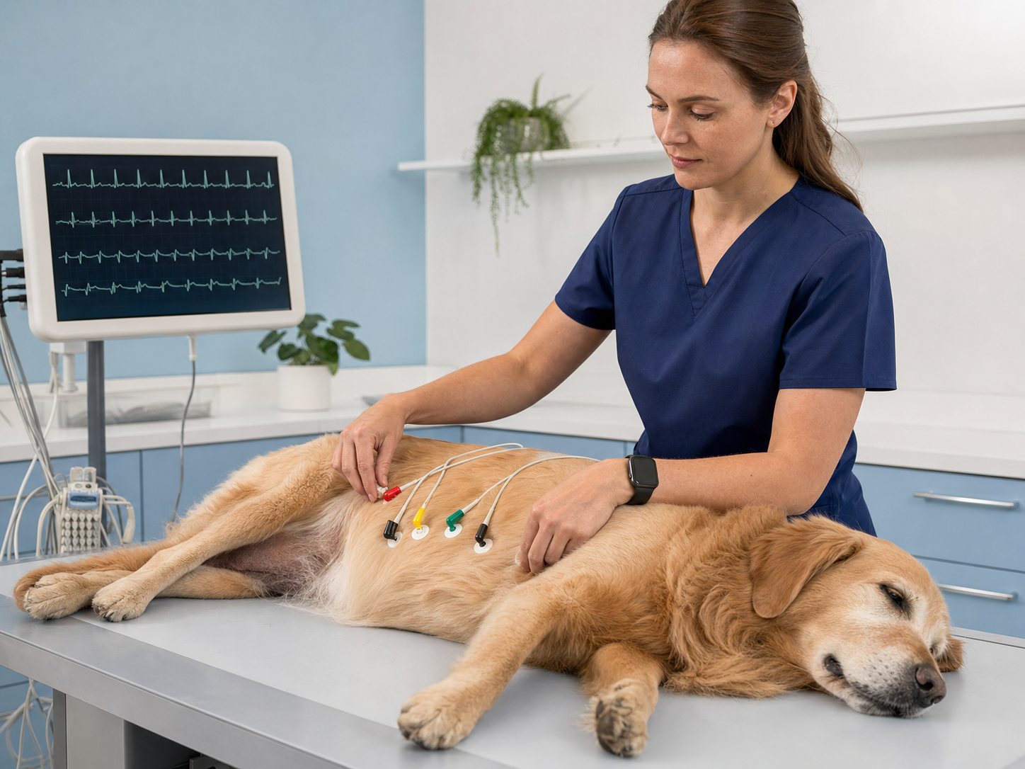 Veterinária realizando eletrocardiograma em cão monitorado