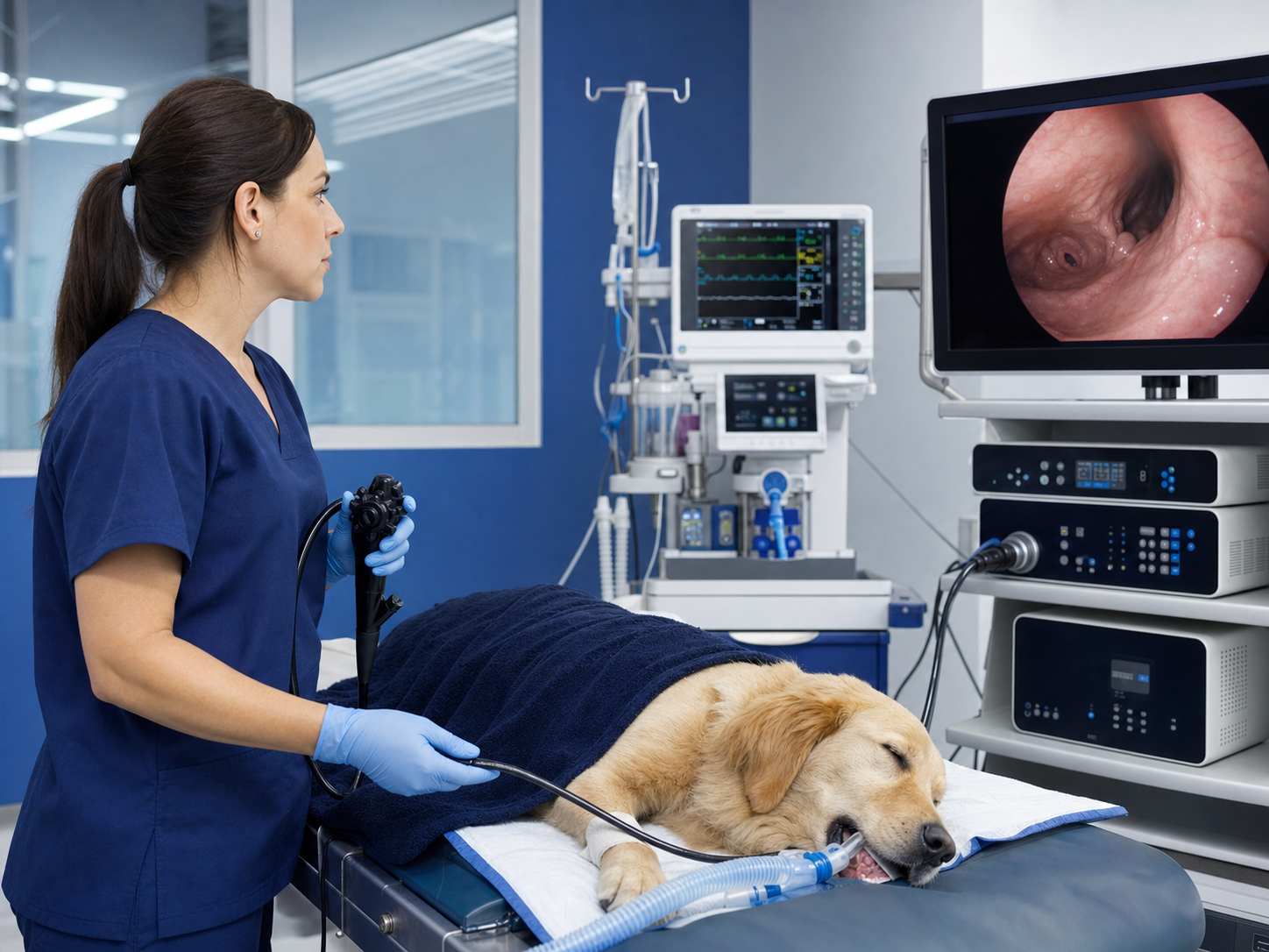 Procedimento de endoscopia veterinária em cão anestesiado e monitorado