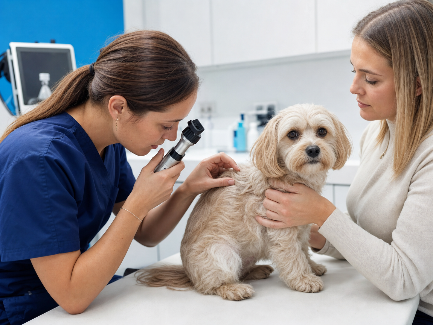 Exames dermatológicos veterinários em cão acompanhado pela tutora