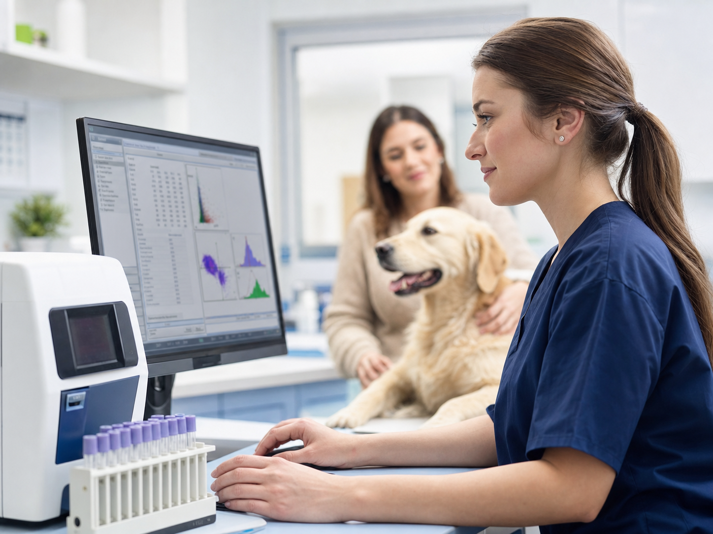 Hemograma veterinário analisado com cão e tutora