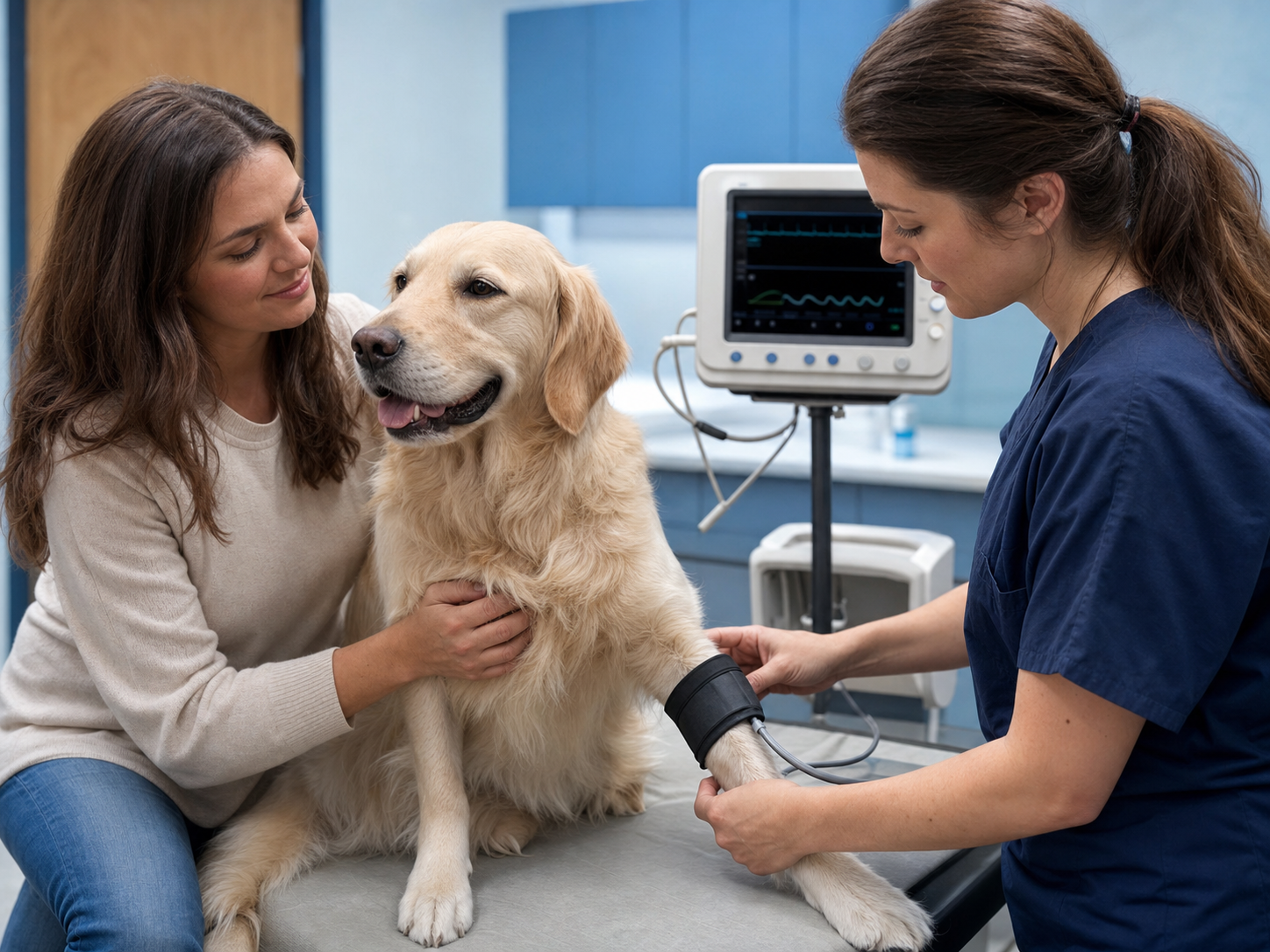 Aferição de pressão arterial em cão durante consulta veterinária