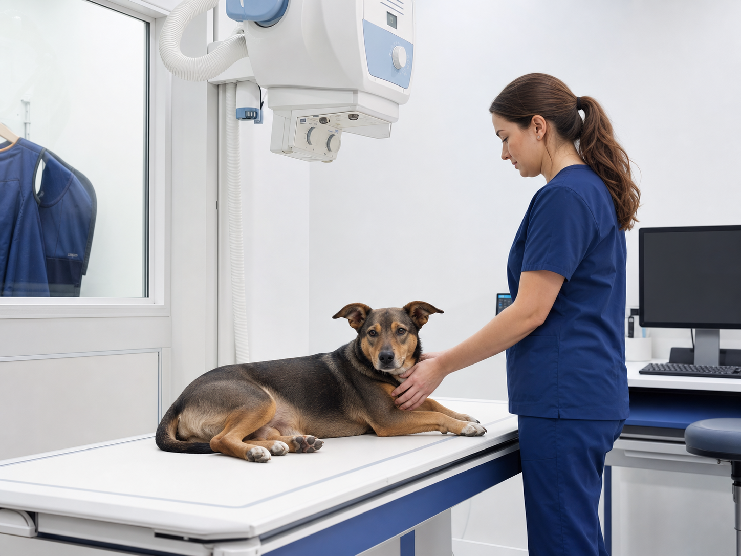 Raio-X veterinário realizado em cão em sala de radiografia