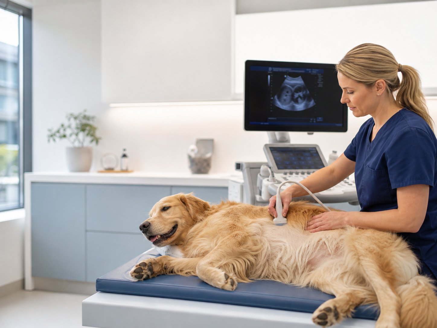 Ultrassom veterinário realizado em cão em sala de diagnóstico