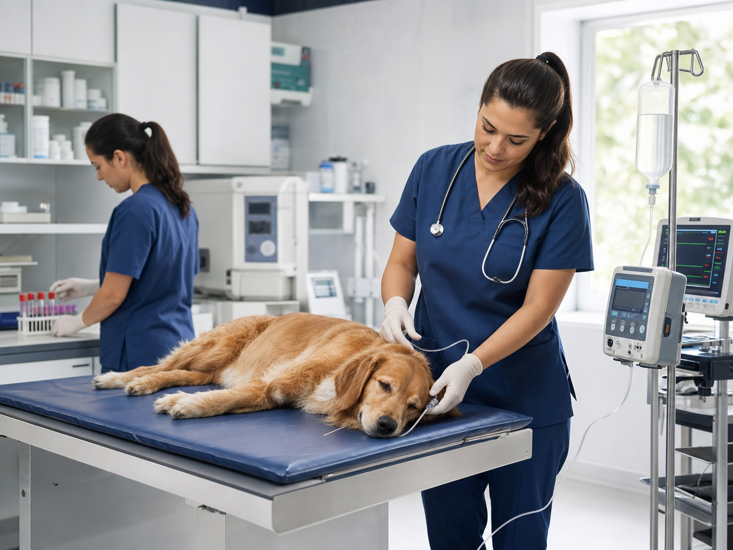 Equipe veterinária acompanhando cão em suporte clínico
