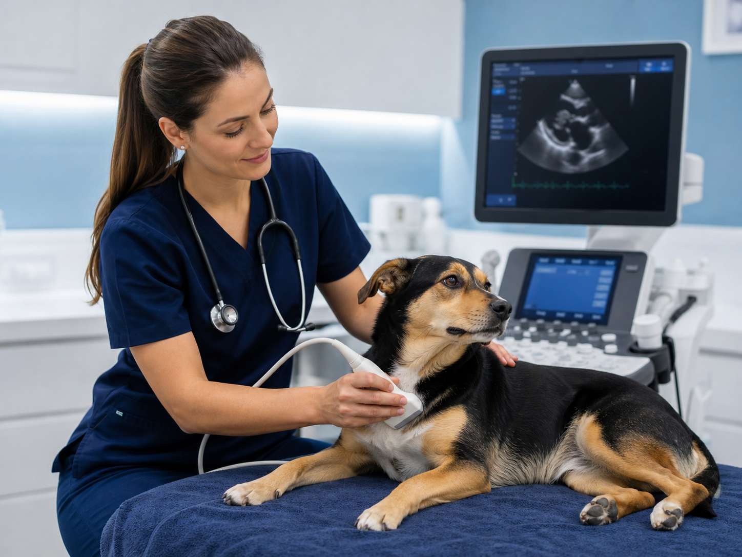 Veterinária realizando ultrassom cardíaco em cão