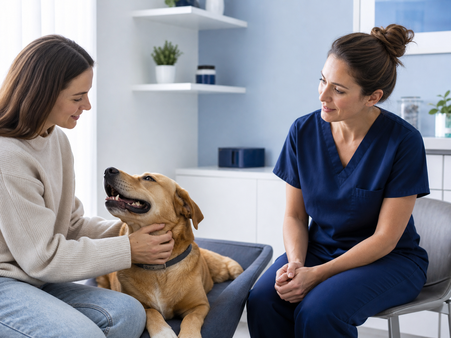 Veterinária em consulta comportamental com cão e tutora