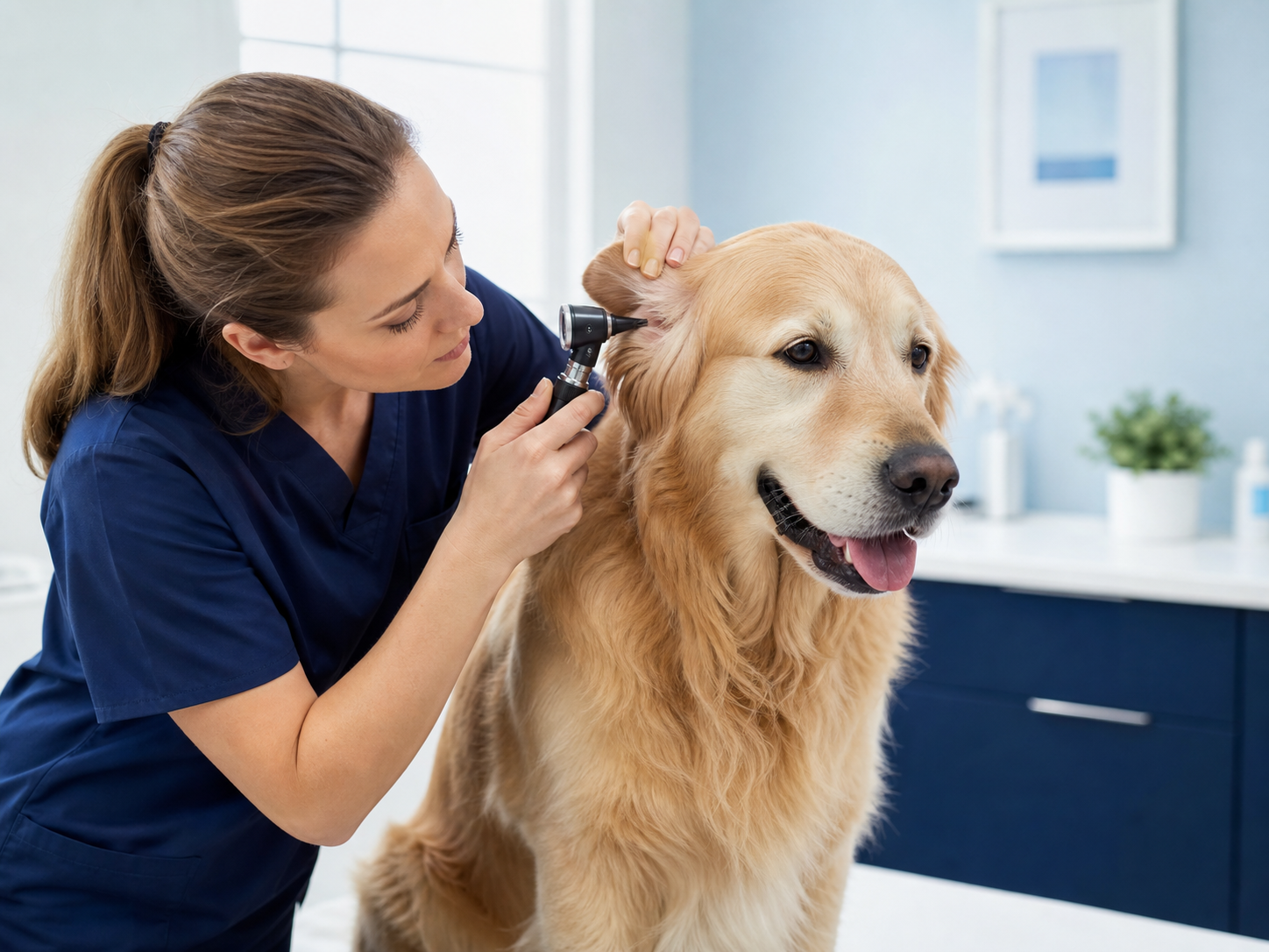 Veterinária examinando a pele de um cão