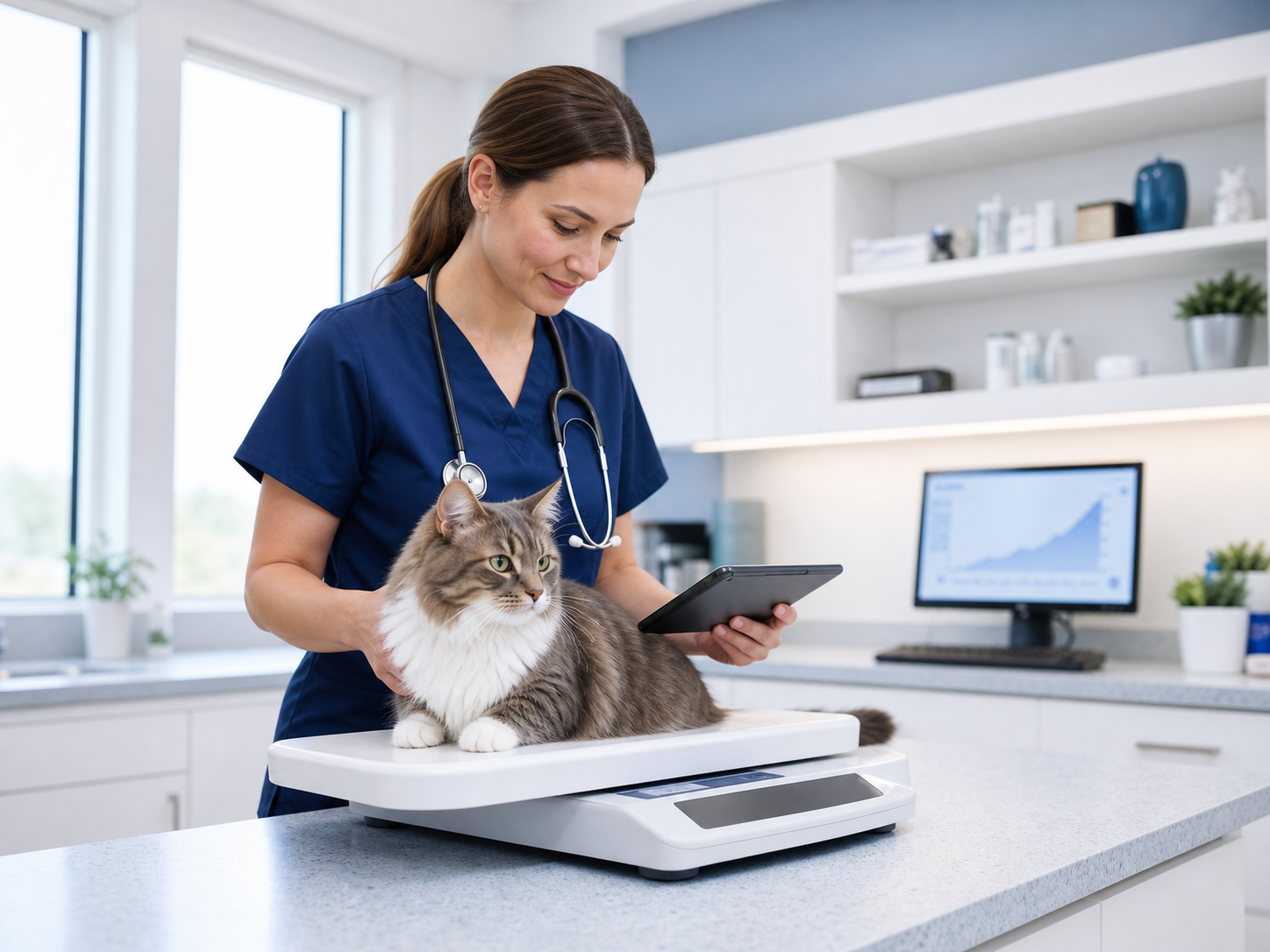 Veterinária acompanhando gato em consulta endocrinológica