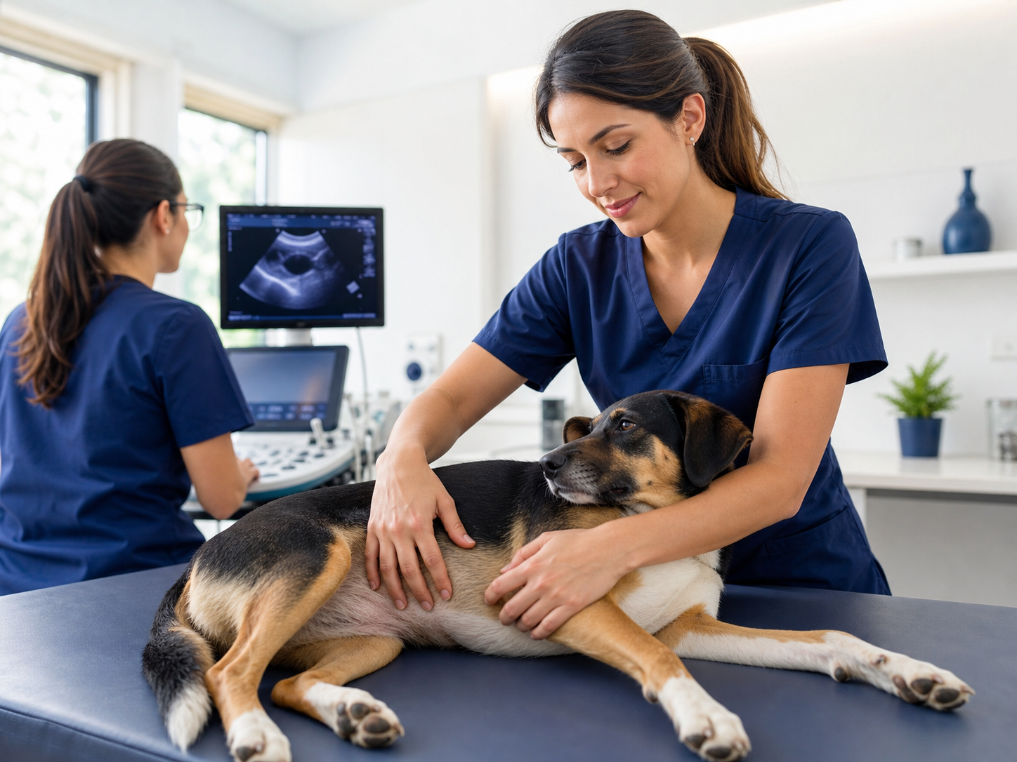 Veterinária examinando cão em consulta de gastroenterologia