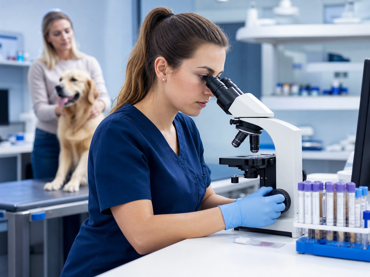 Profissional veterinária analisando amostra em laboratório
