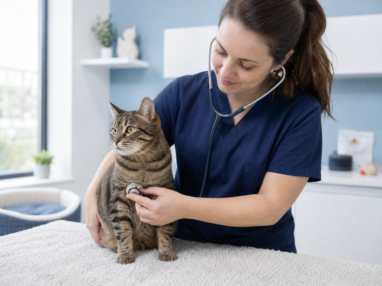 Tutora segurando um gato tigrado com carinho