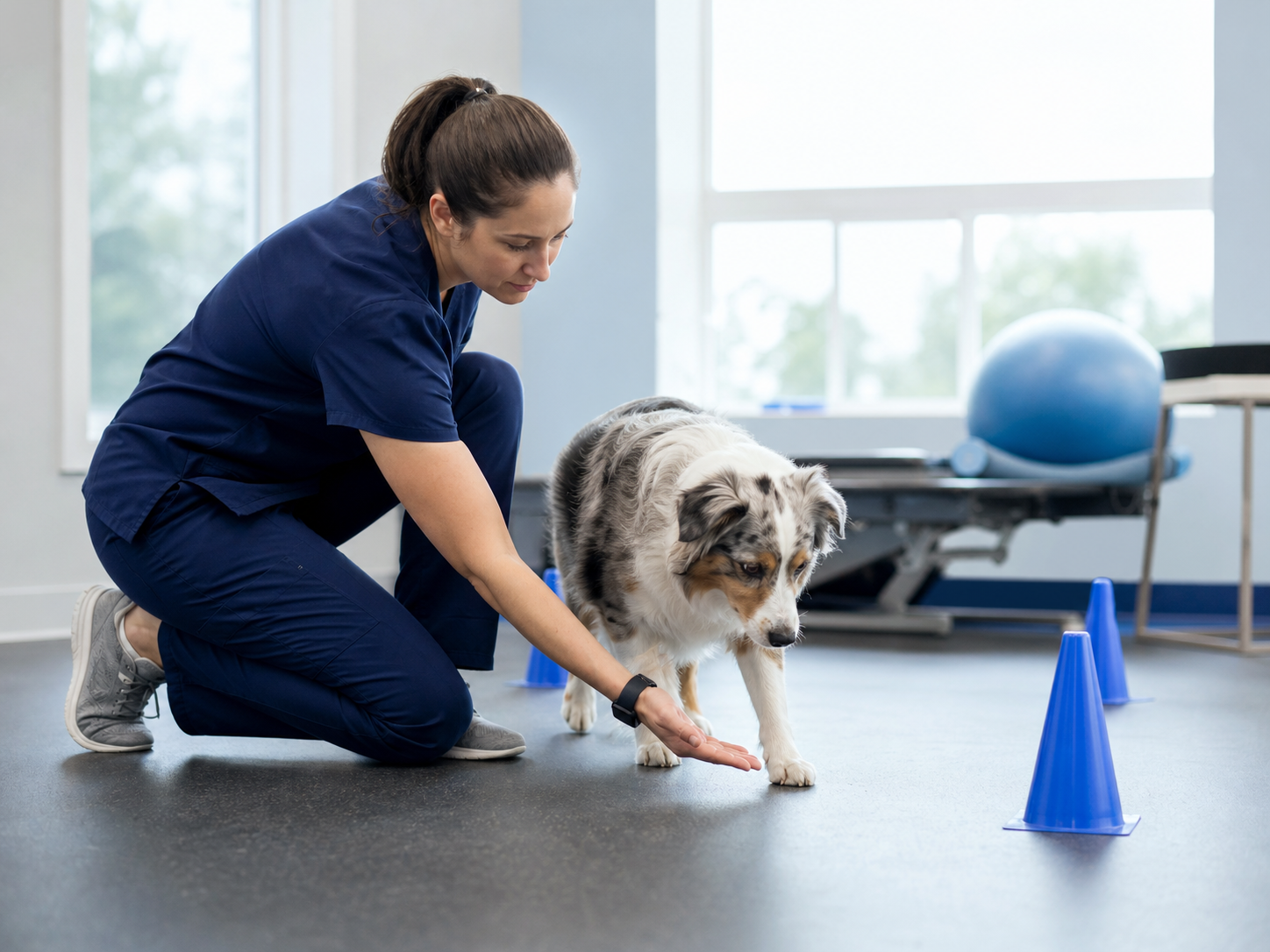 Veterinária realizando avaliação neurológica em cão