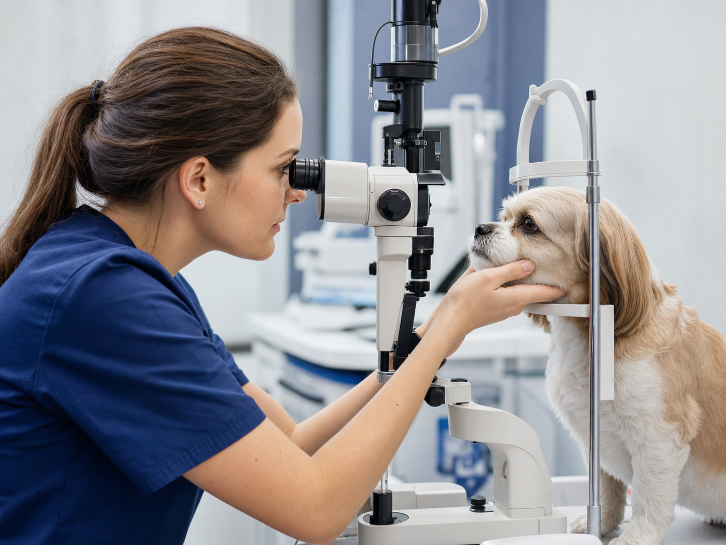 Veterinária realizando exame oftalmológico em cão
