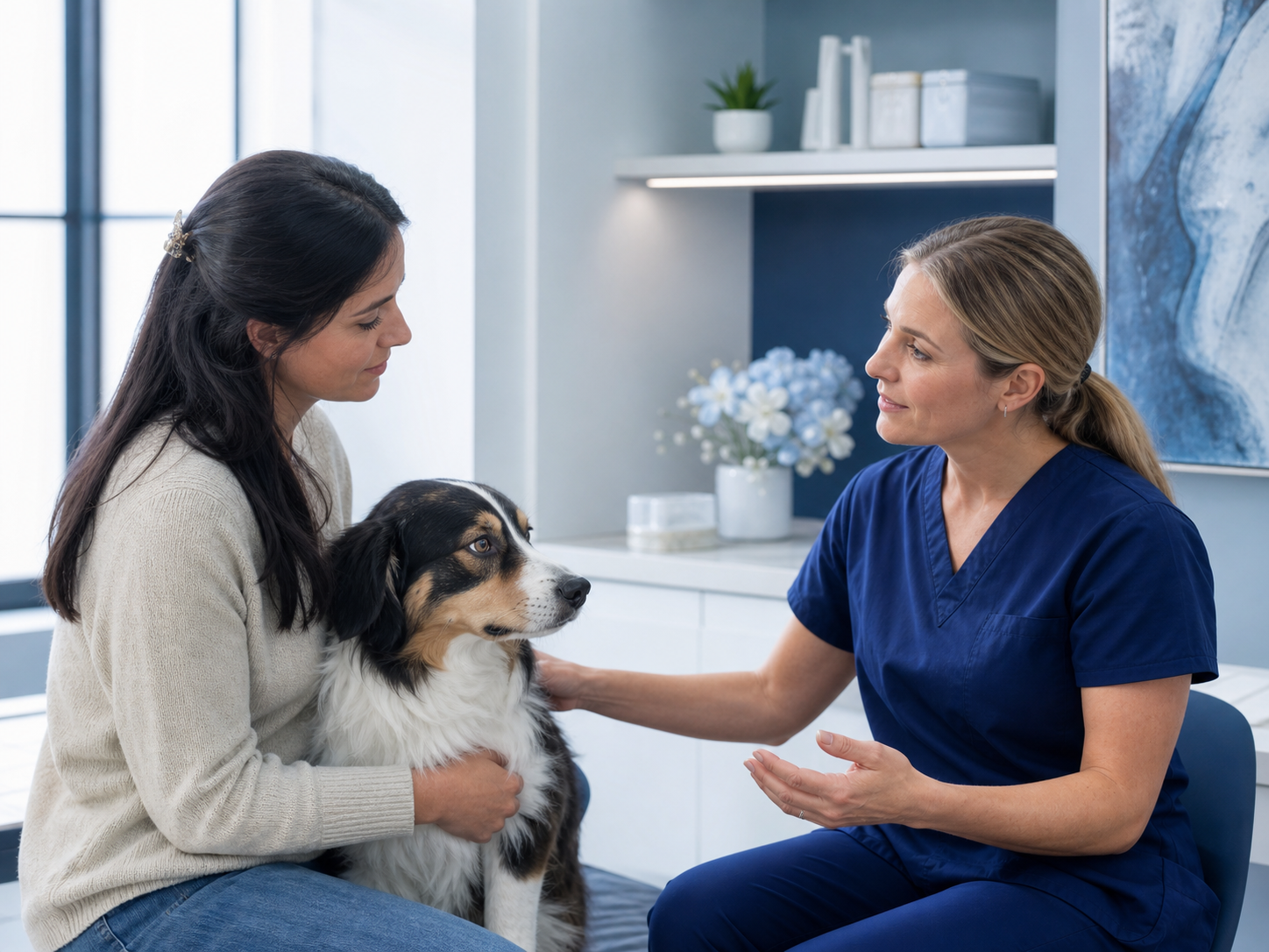 Consulta veterinária oncológica com tutora e cão