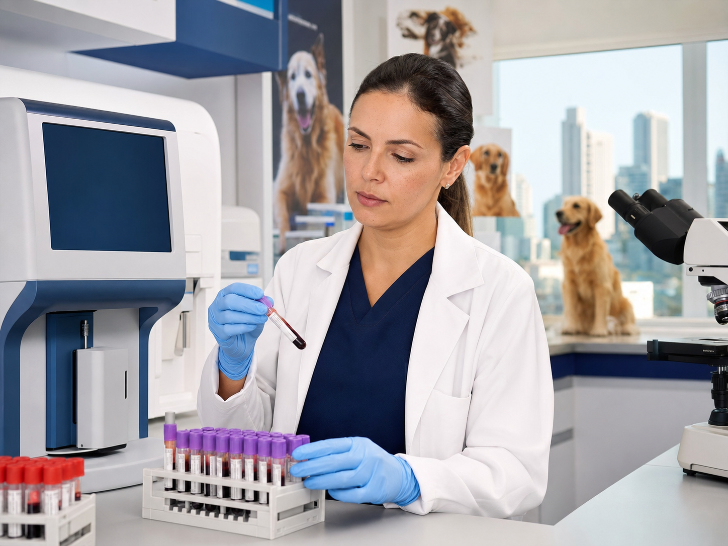 Veterinária realizando análises clínicas em laboratório