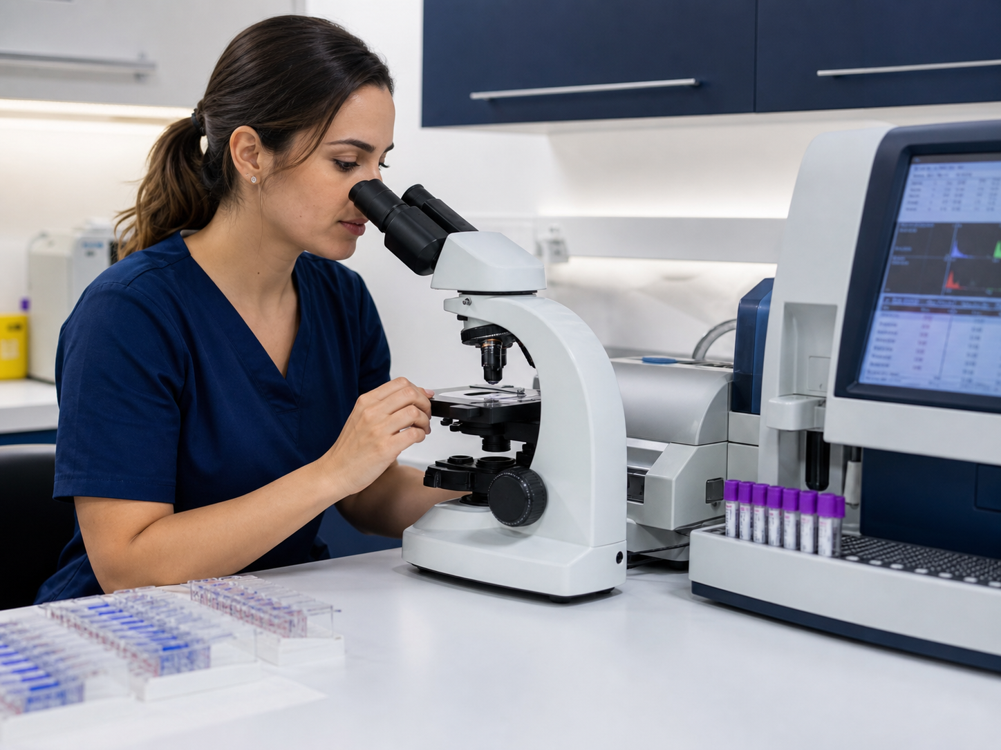 Veterinária analisando amostras em laboratório bioquímico