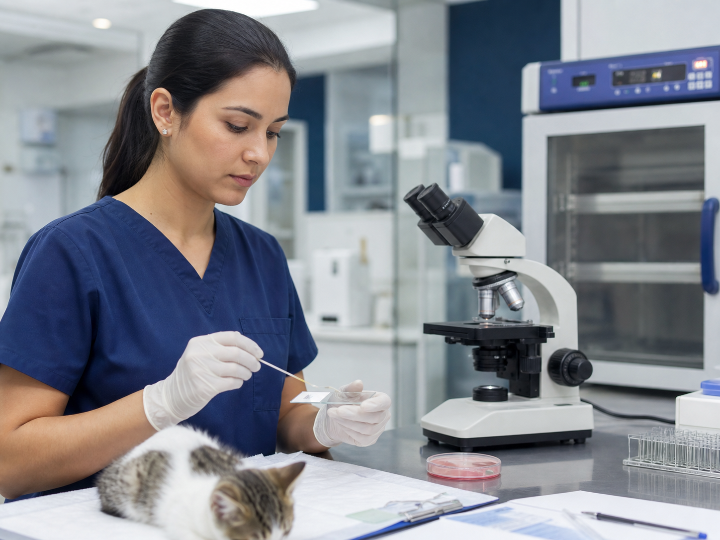 Veterinária preparando análise citológica em laboratório