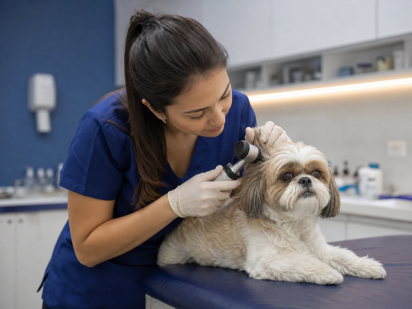 Veterinária realizando exame dermatológico em cão