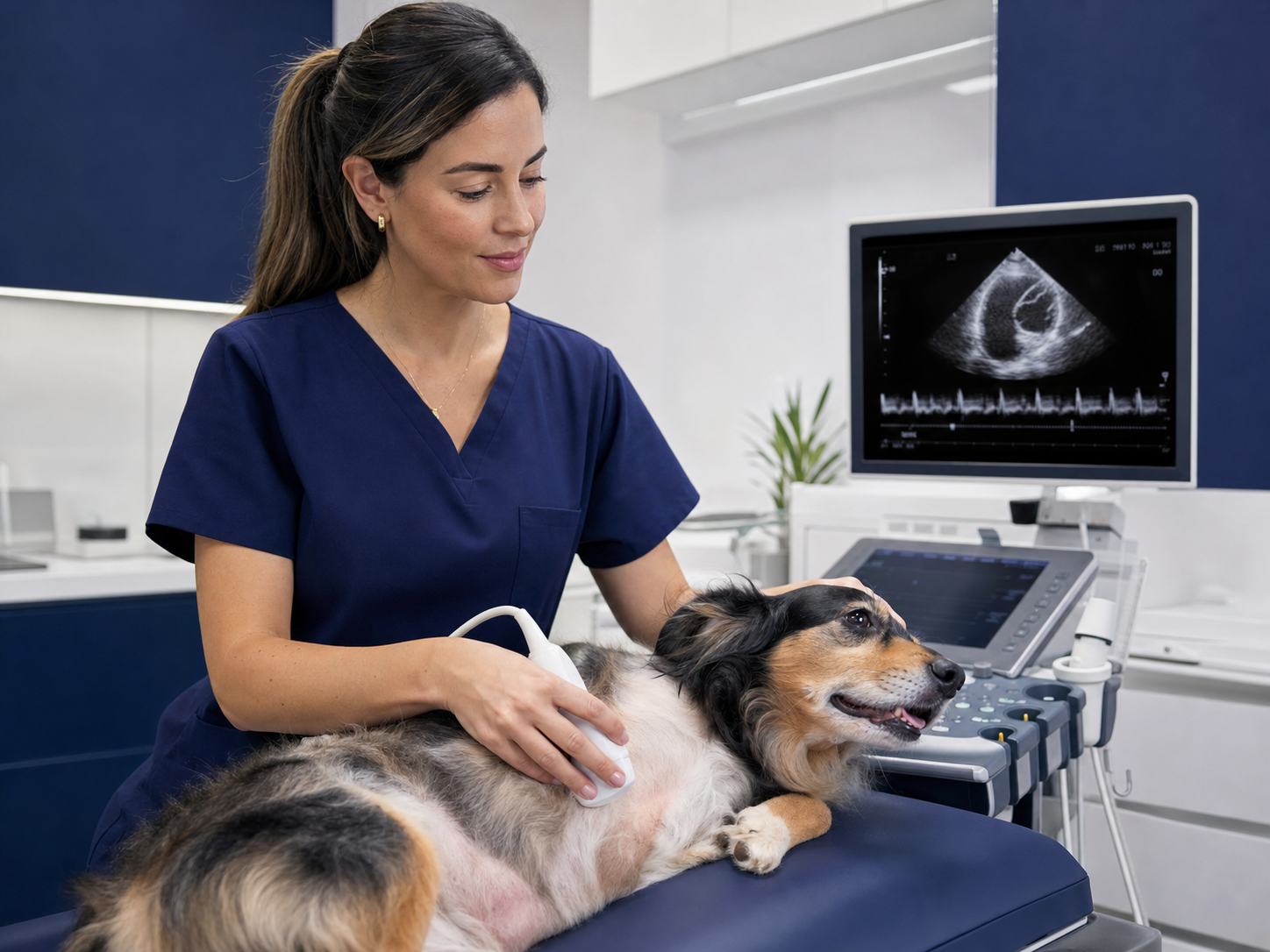 Veterinária realizando ecocardiograma em cão