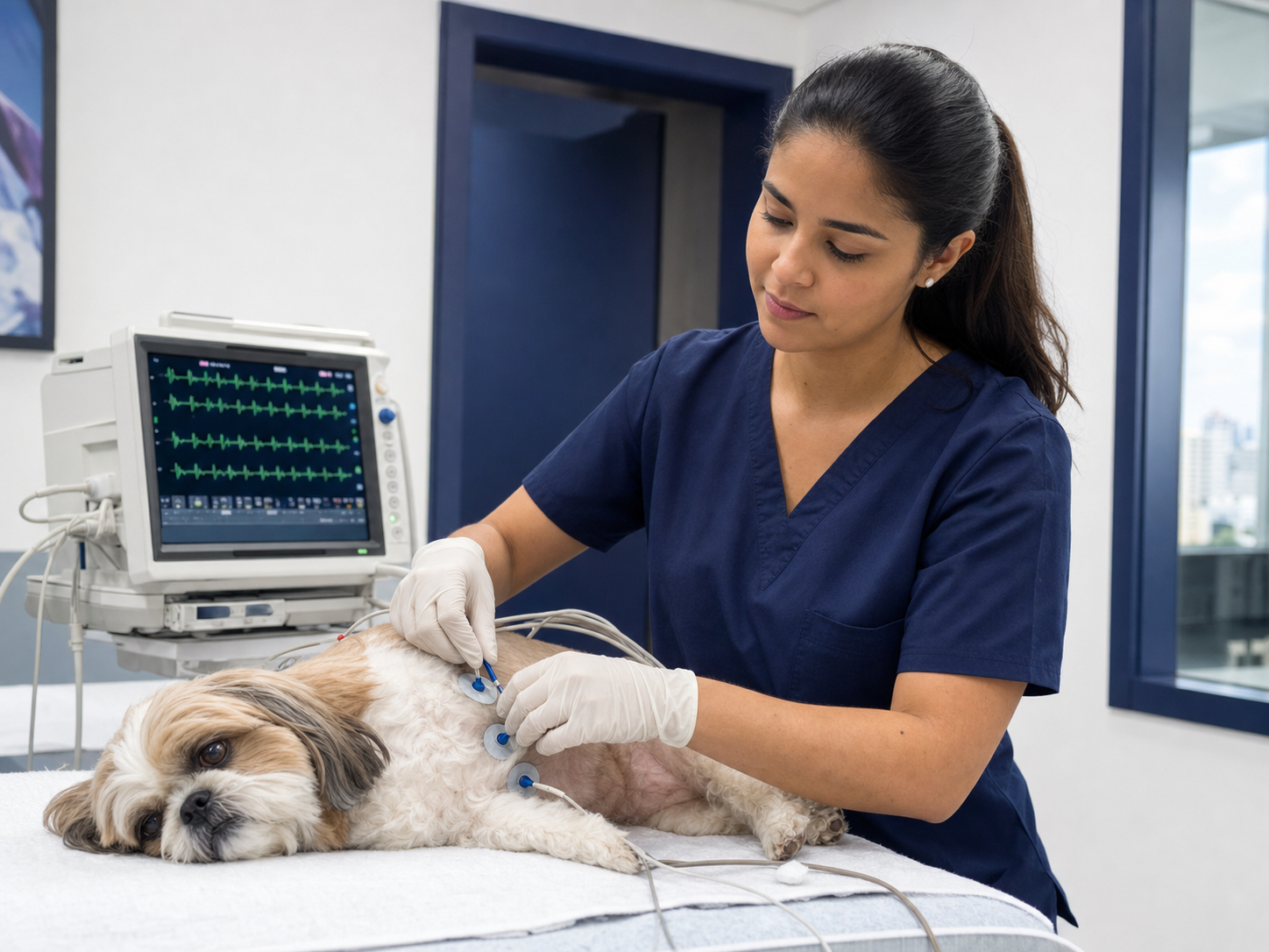 Veterinária realizando eletrocardiograma em cão