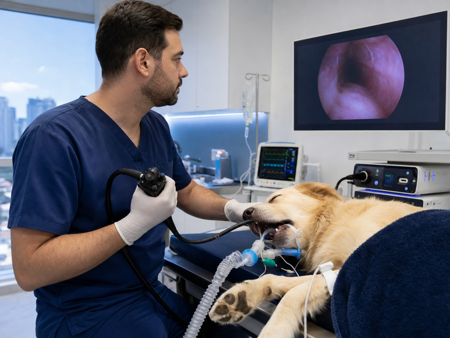 Endoscopia veterinária em cão anestesiado e monitorado