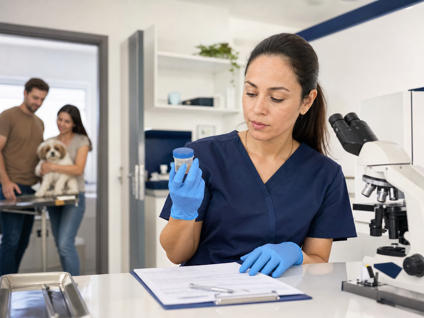 Profissional veterinária preparando análise de amostra em laboratório