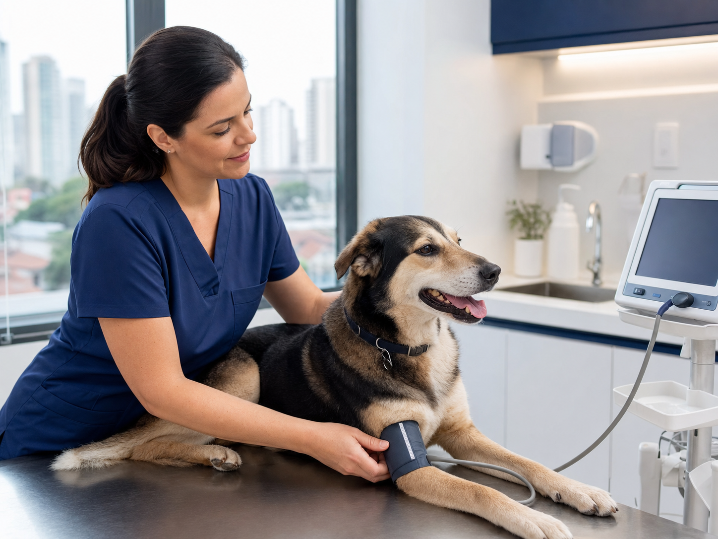 Veterinária medindo pressão arterial de cão
