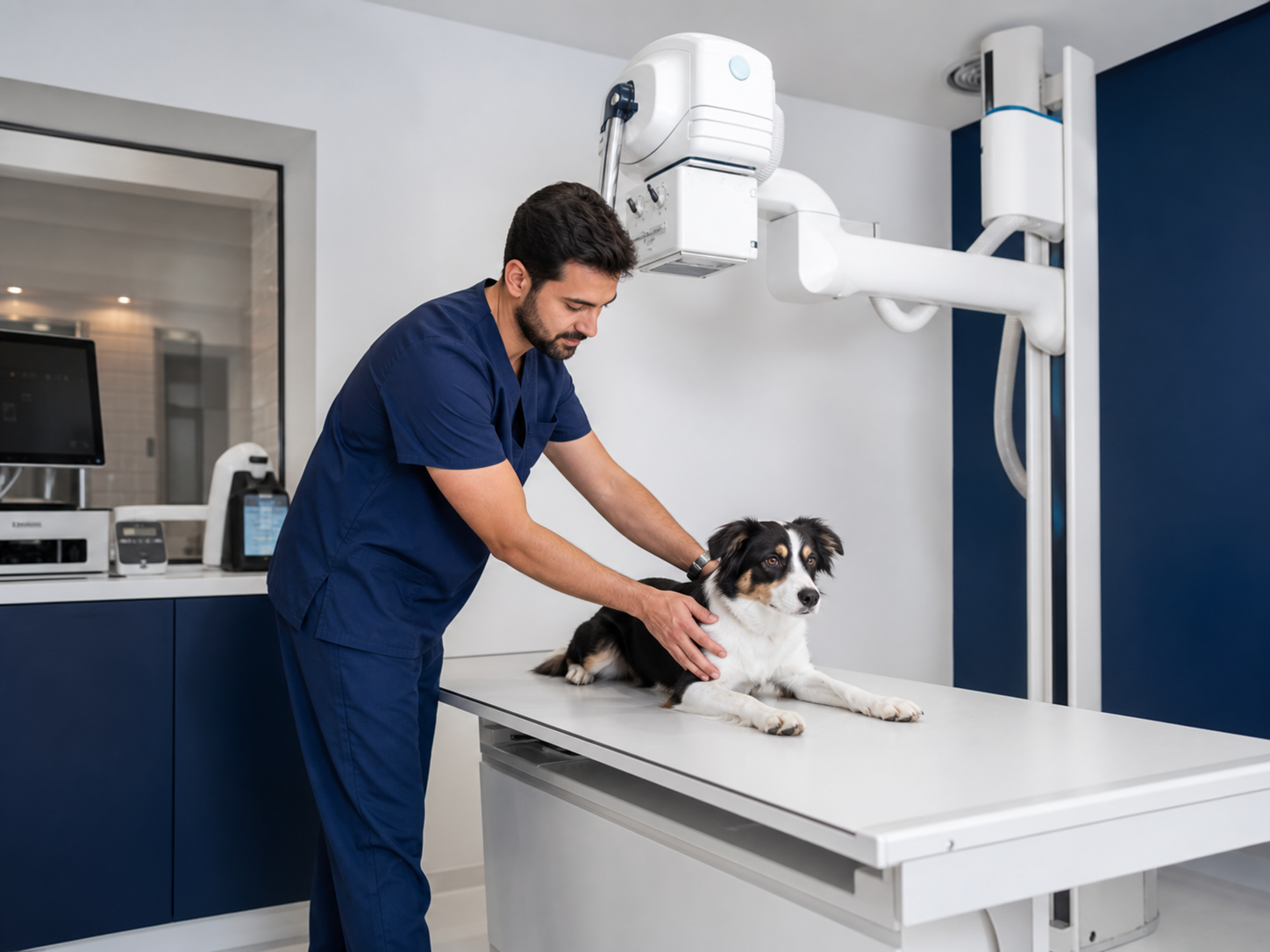 Veterinário posicionando cão para radiografia digital
