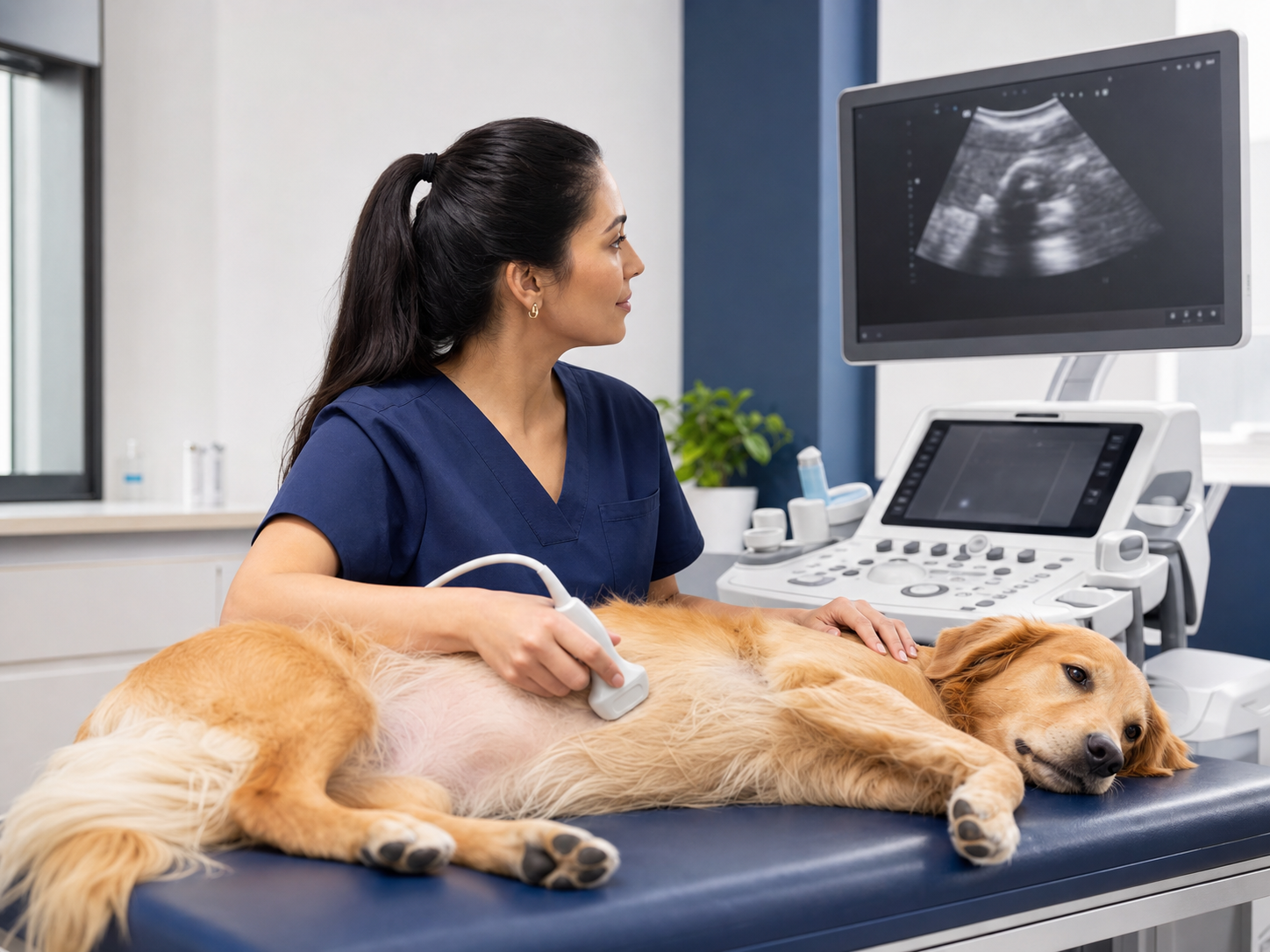 Veterinária realizando ultrassom abdominal em cão