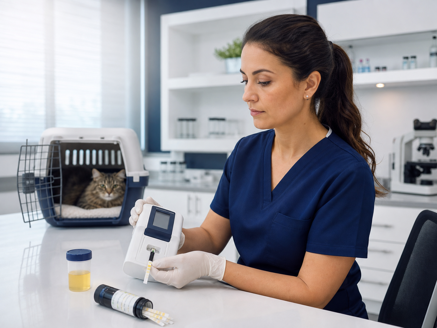 Veterinária realizando análise de urina em laboratório
