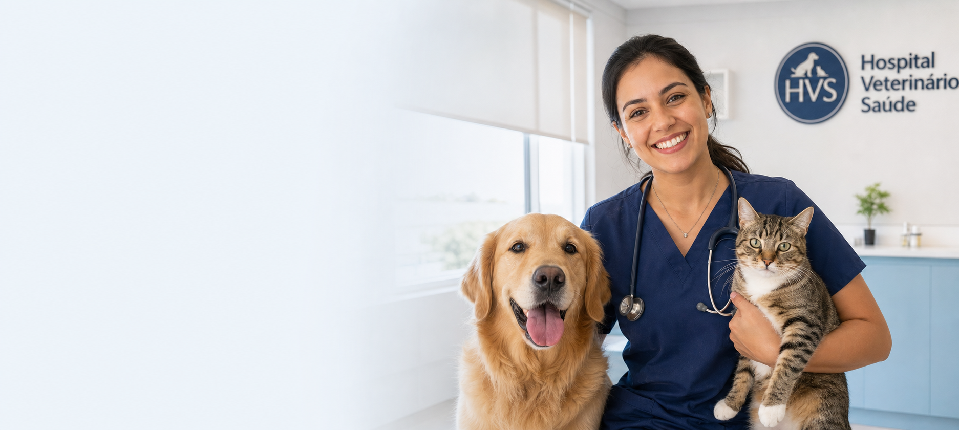 Médica veterinária acolhendo um cão e um gato em clínica veterinária