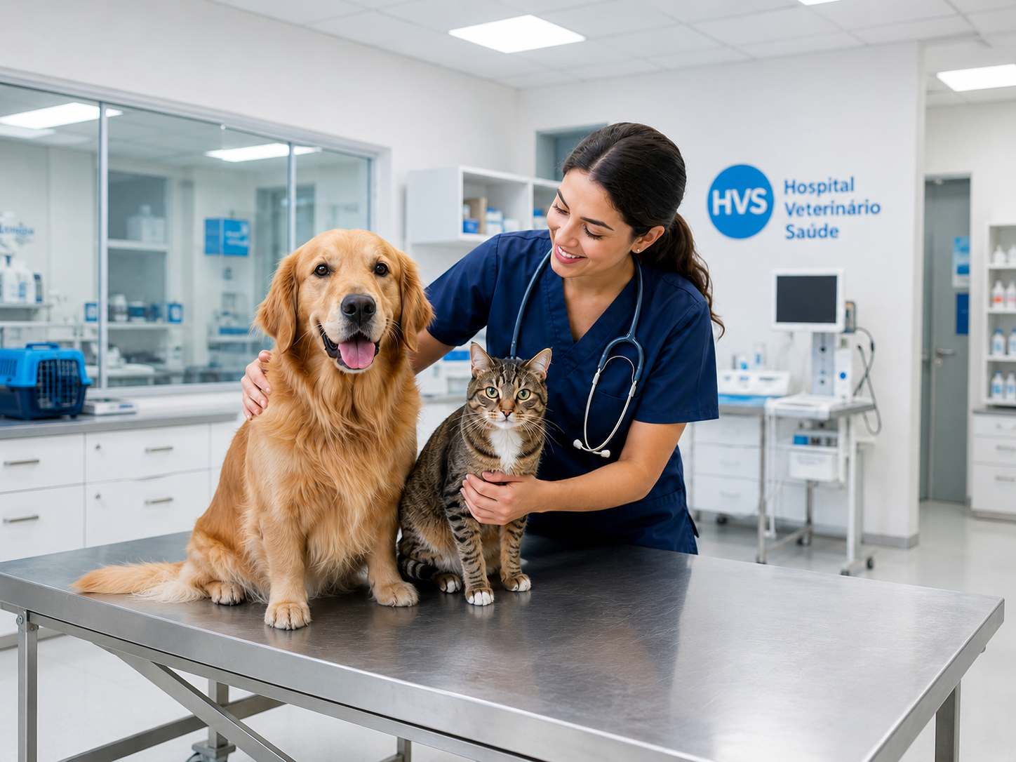 Equipe do Hospital Veterinário Saúde com cão e gato em atendimento clínico