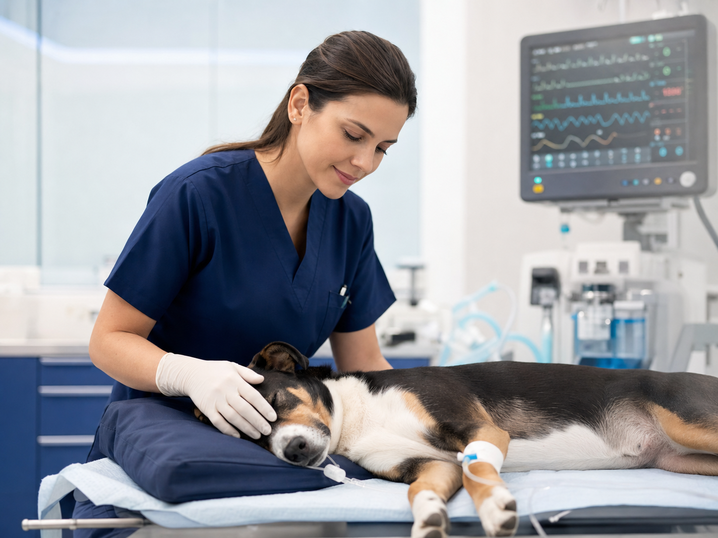 Veterinária anestesista monitorando cão antes de procedimento