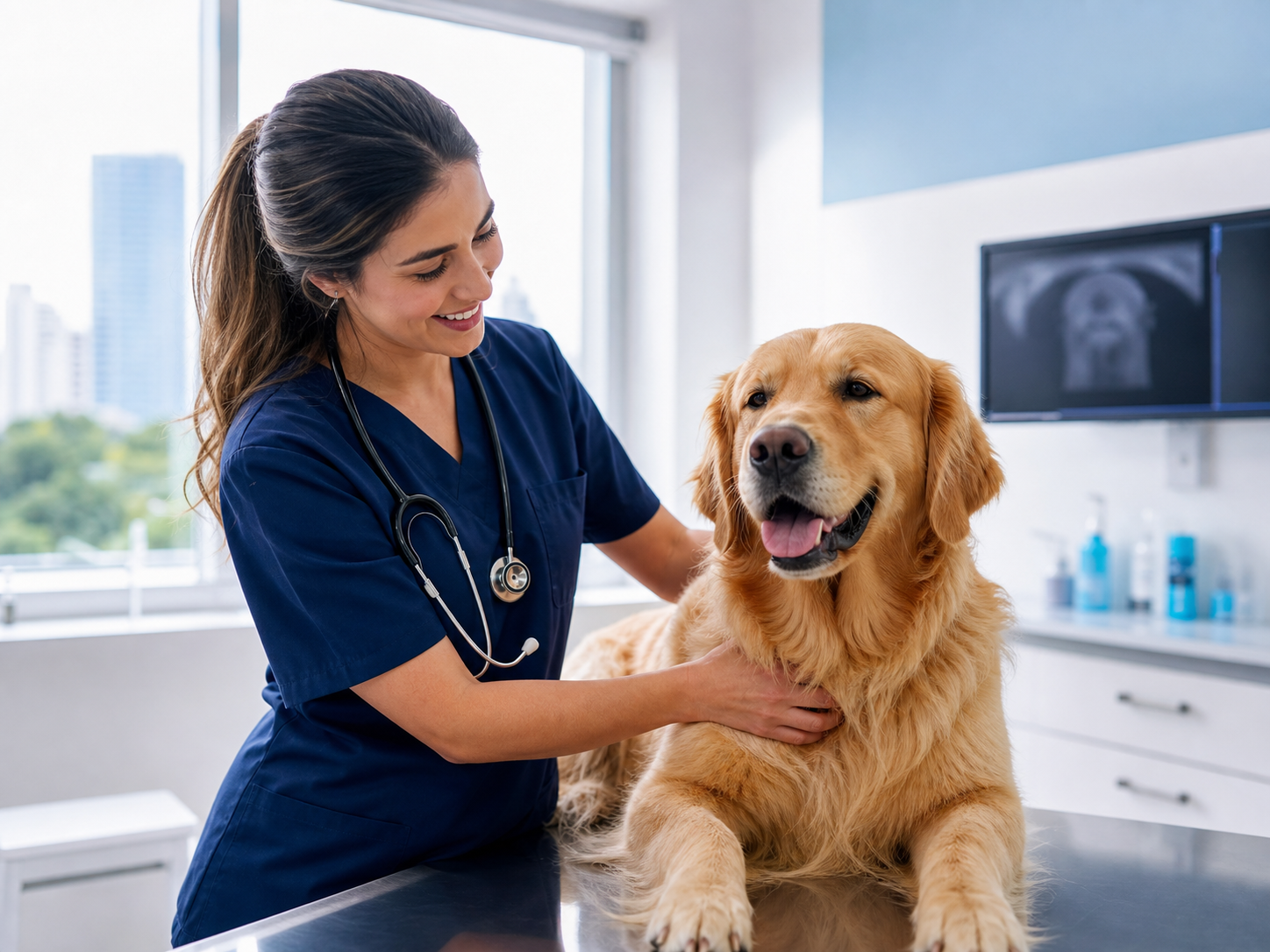 Veterinária examinando um cão em atendimento hospitalar