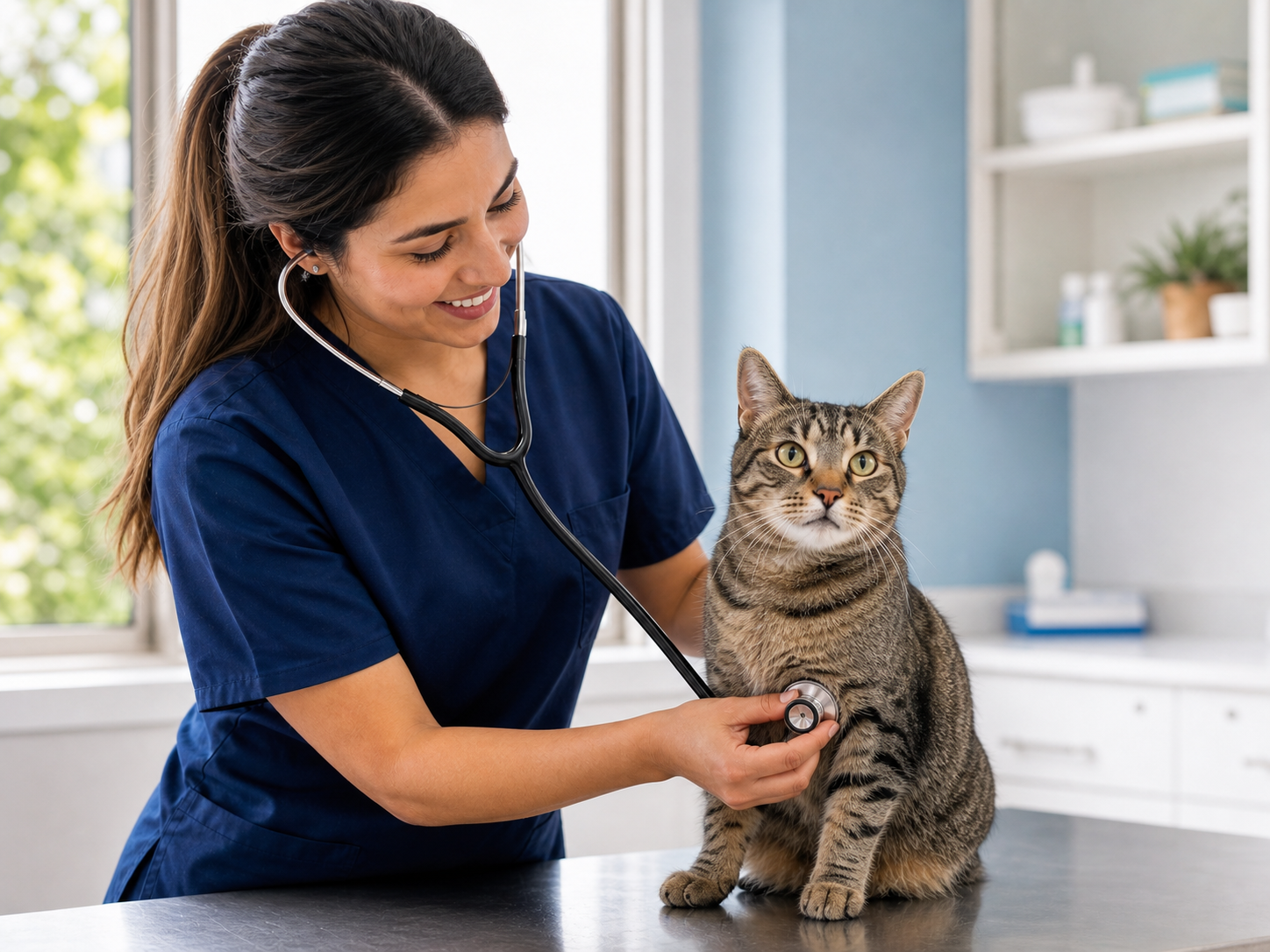 Veterinária realizando check-up preventivo em um gato