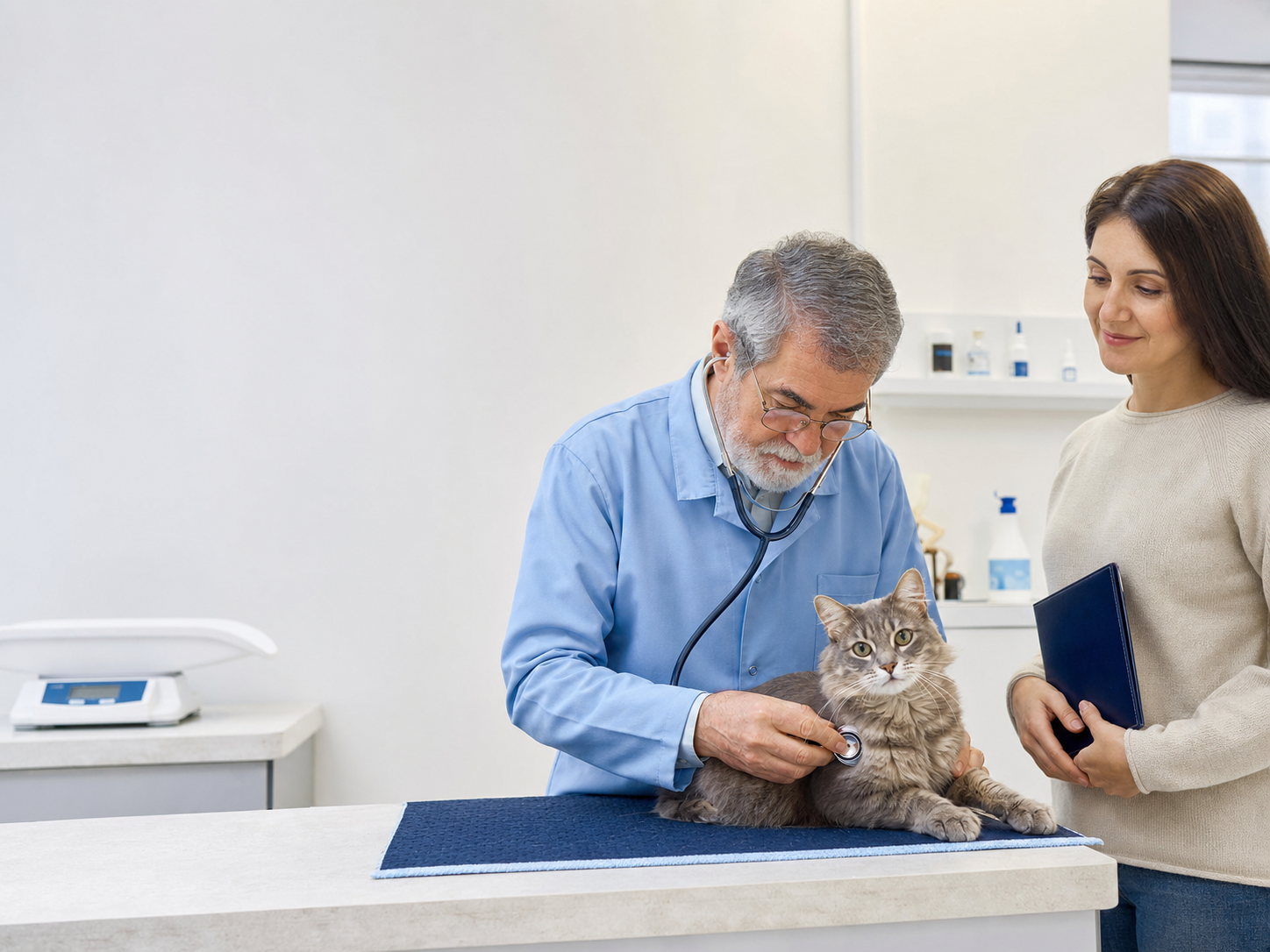 Veterinário realizando check-up de rotina em gato acompanhado pela tutora