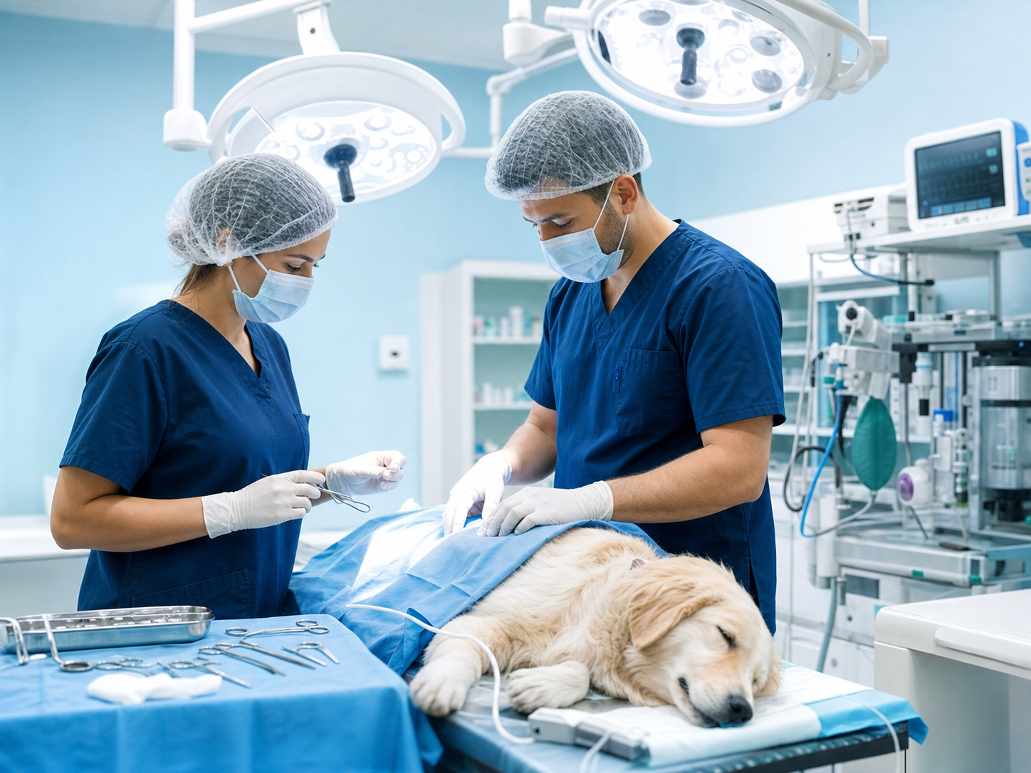Equipe veterinária em centro cirúrgico moderno