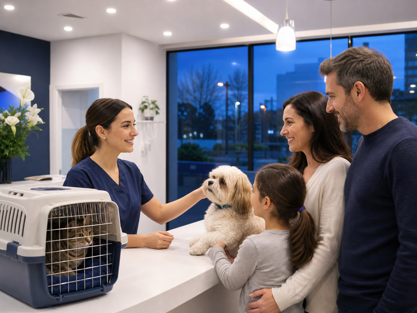 Recepção de clínica veterinária com atendimento noturno