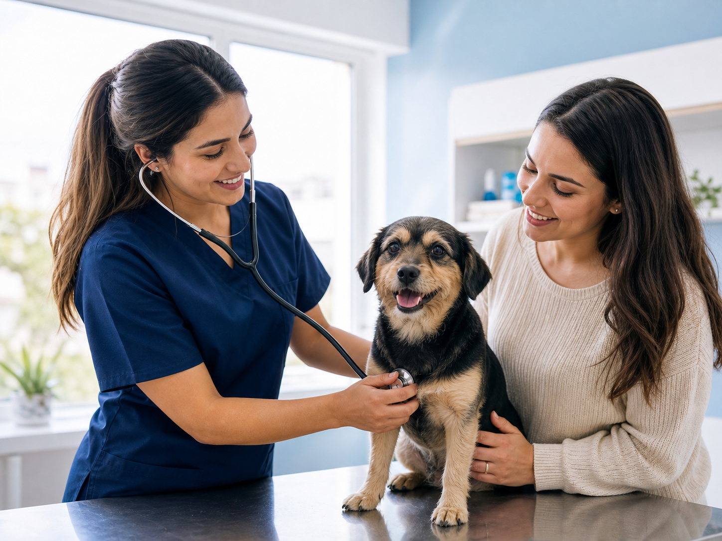 Consulta veterinária com tutora e cão