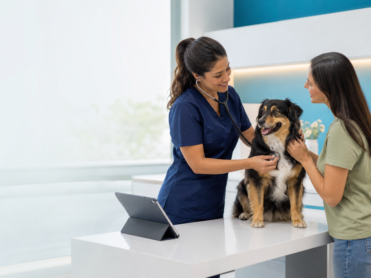 Consulta veterinária com médica, tutora e cão