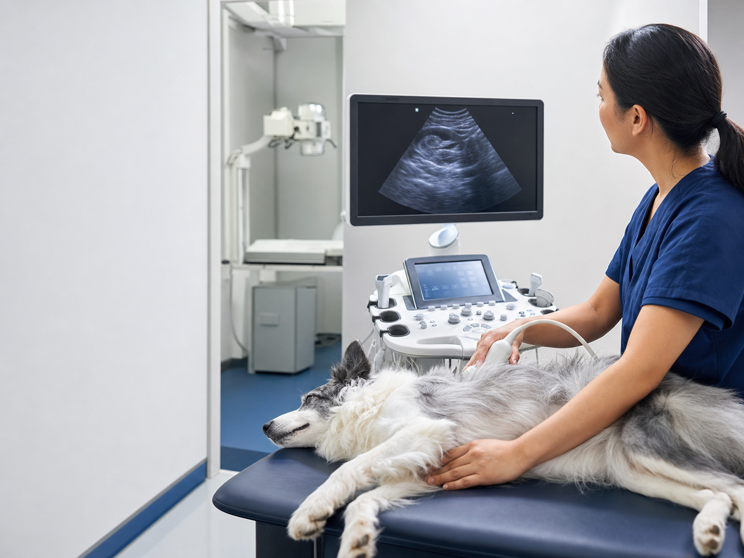 Médica veterinária realizando ultrassom abdominal em cão