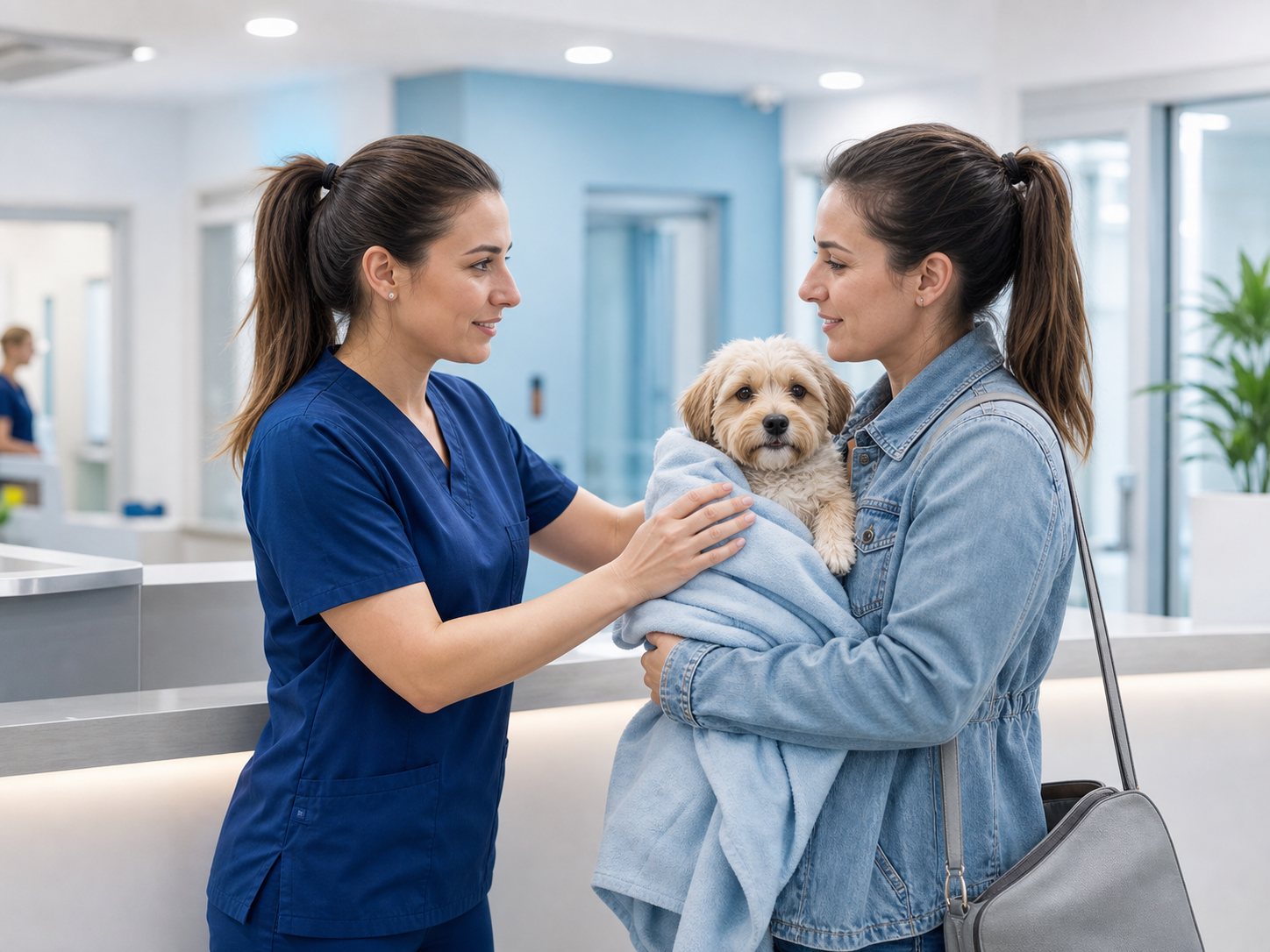 Veterinária acolhendo tutora e cão em atendimento de emergência